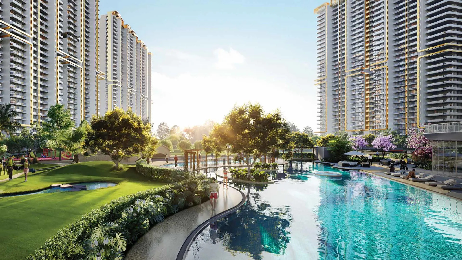 M3M Mansion towers overlooking landscaped gardens and swimming pools · artist’s impression
